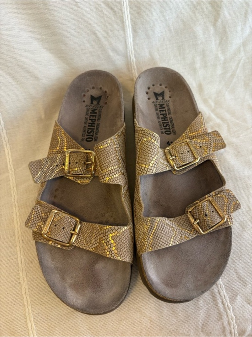 Mephisto‎ Gold Snake-Print Double Strap Buckle Sandals